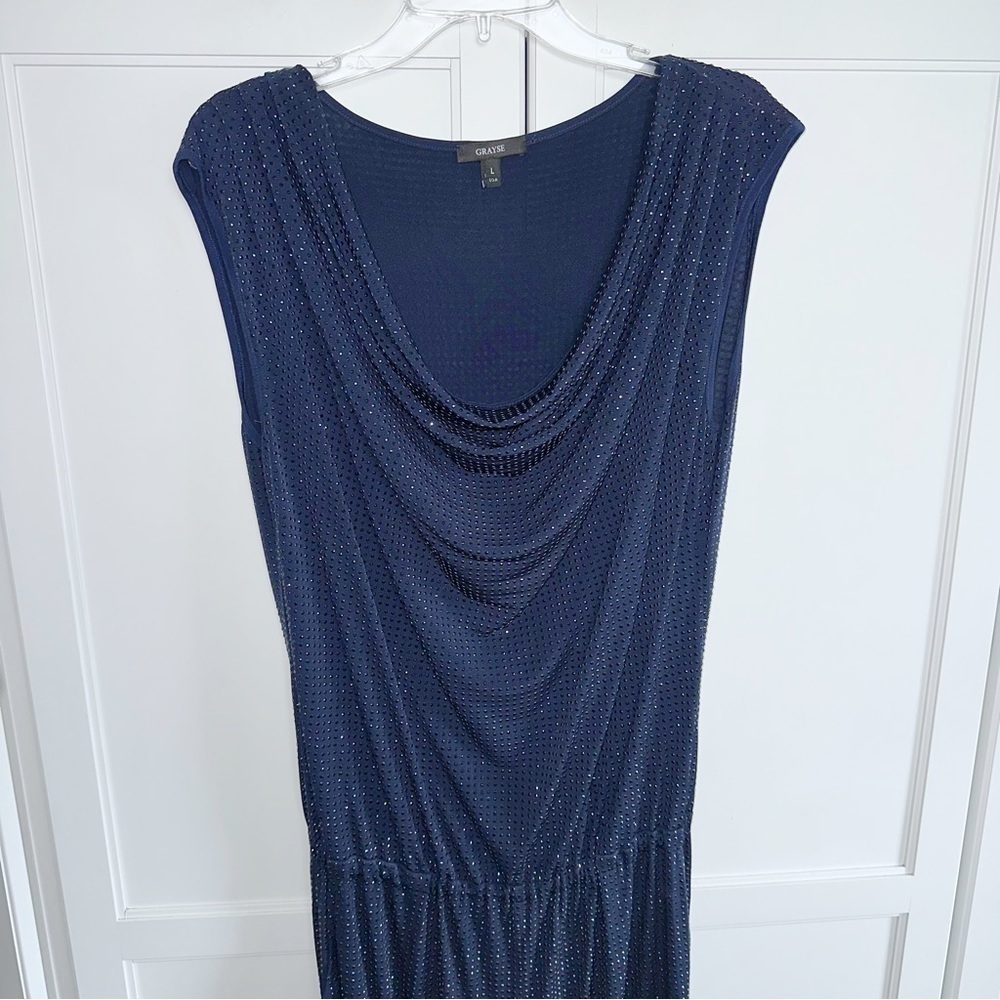 Grayse Jumpsuit Diamond Pave Cowl Neck Navy Stud Large CottageCore Y2K Glam - Picture 13 of 15